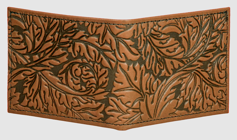Leather wallet with overall design of acanthus leaves, shown in saddle brown/tan
