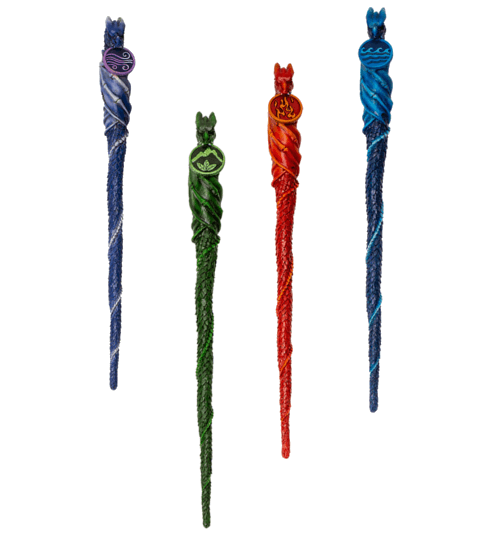 Set of four wands - purple/blue air, green earth, red fire, blue water with dragons