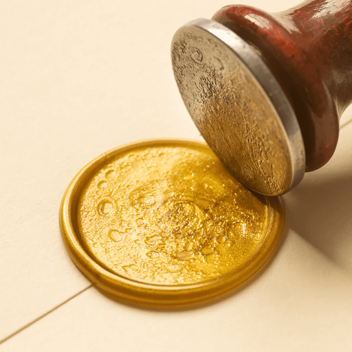 Full moon wax seal coin with an example seal in gold wax