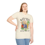 Lady wearing off white  t-shirt with a graphic design of knight fighting a dragon and text reading "What Doesn't Kill You Gives You XP"