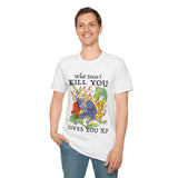 Person wearing white  t-shirt with a graphic design of knight fighting a dragon and text reading "What Doesn't Kill You Gives You XP"
