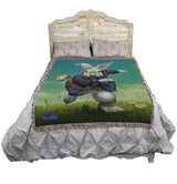 Tapestry blanket featuring the White Rabbit with pocketwatch from Alice in Wonderland, on a bed
