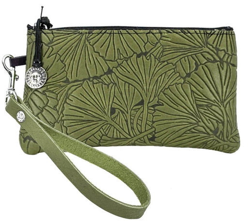 Ginkgo leaves on a leather wristlet pouch, shown in fern