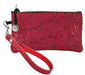 Ginkgo leaves on a leather wristlet pouch, shown in red