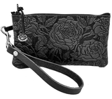 Wild roses leather wristlet pouch with matching strap and pewter accents