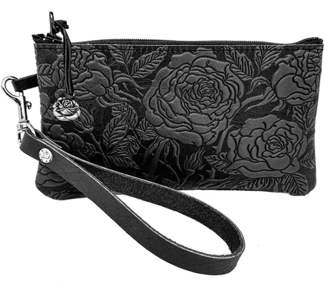 Wild roses leather wristlet pouch with matching strap and pewter accents