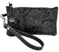 Wild roses leather wristlet pouch with matching strap and pewter accents
