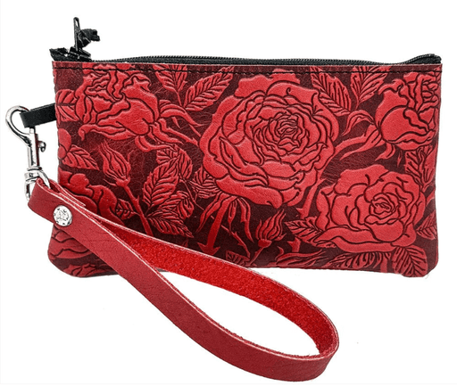 Red leather wristlet pouch with wild roses design and black zipper
