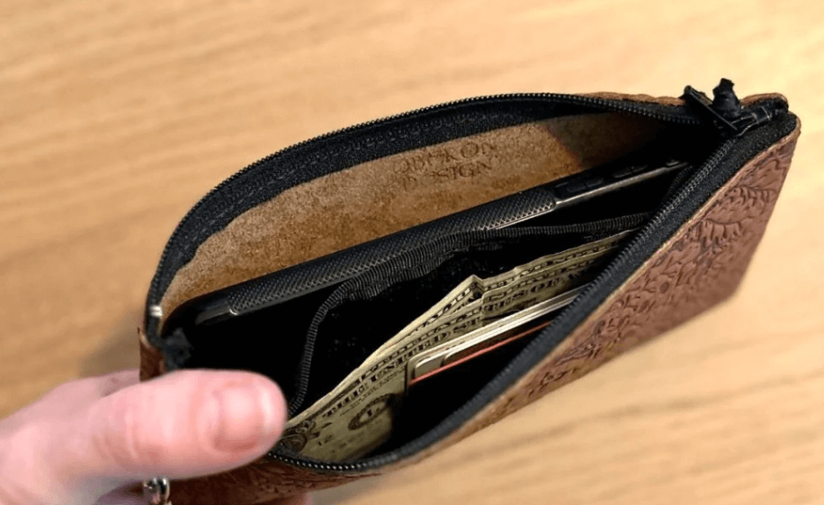 Example of inside area of the wristlet pouch, fitting phone, money and cards