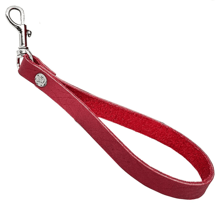 Detachable leather wristlet strap, shown in red