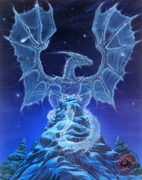Art of a translucent dragon against the night sky on a winter mountain