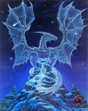 Art of a translucent dragon against the night sky on a winter mountain