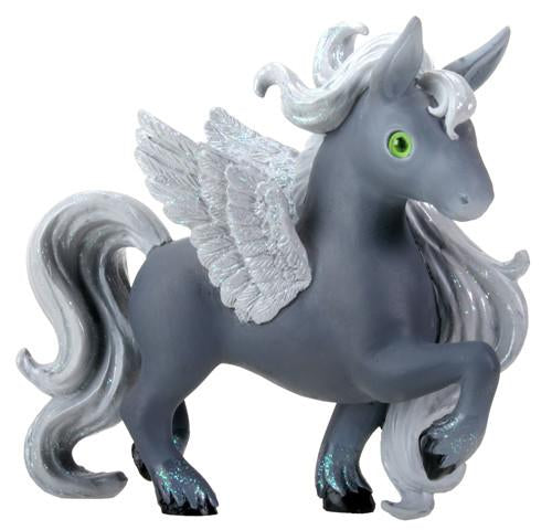 Gray pegasus winged horse figurine with silver-white mane, tail, wings (with sparkles) and green eyes