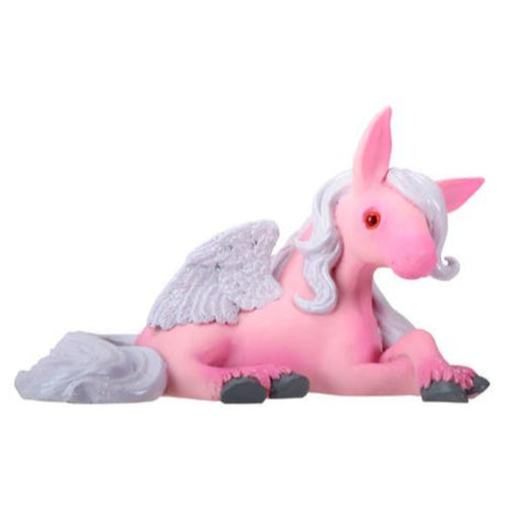 Figurine of pink pegasus (winged horse) with red eyes), white mane, tail, wings