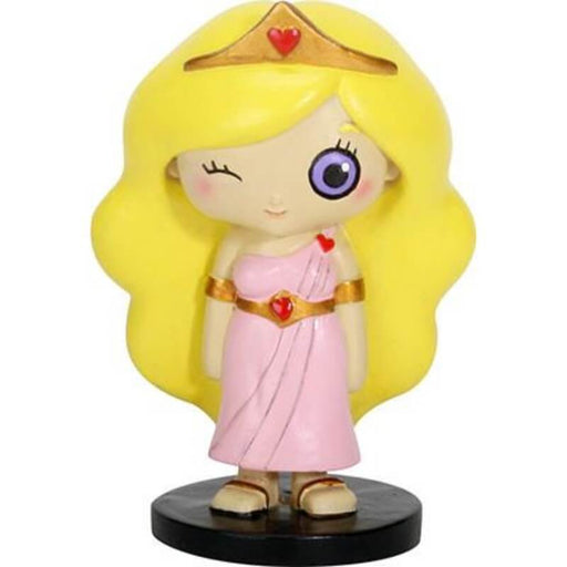 Cute figurine of Greek goddess Aphrodite with blond hair, a blinking purple eye, and pink dress with crown