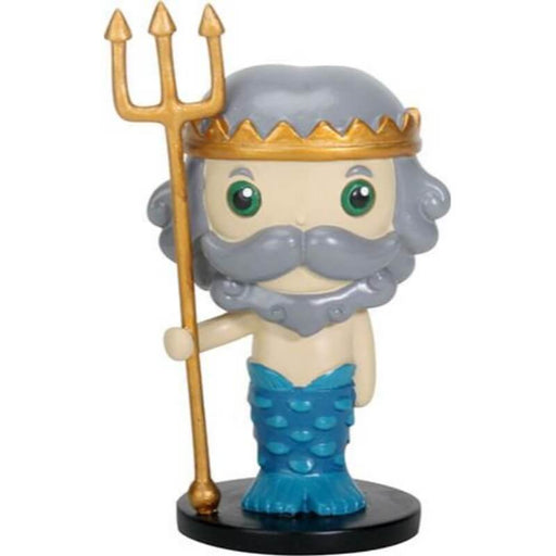 Cute figurine of the merman Greek God Poseidon with gold crown and trident, half man half fish with blue scales