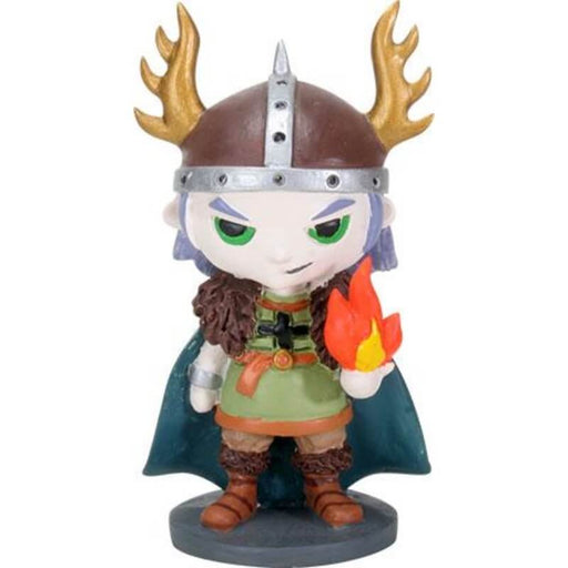 Cute figurine of Norse god Loki with horned helmet and fire from one hand wearing cape