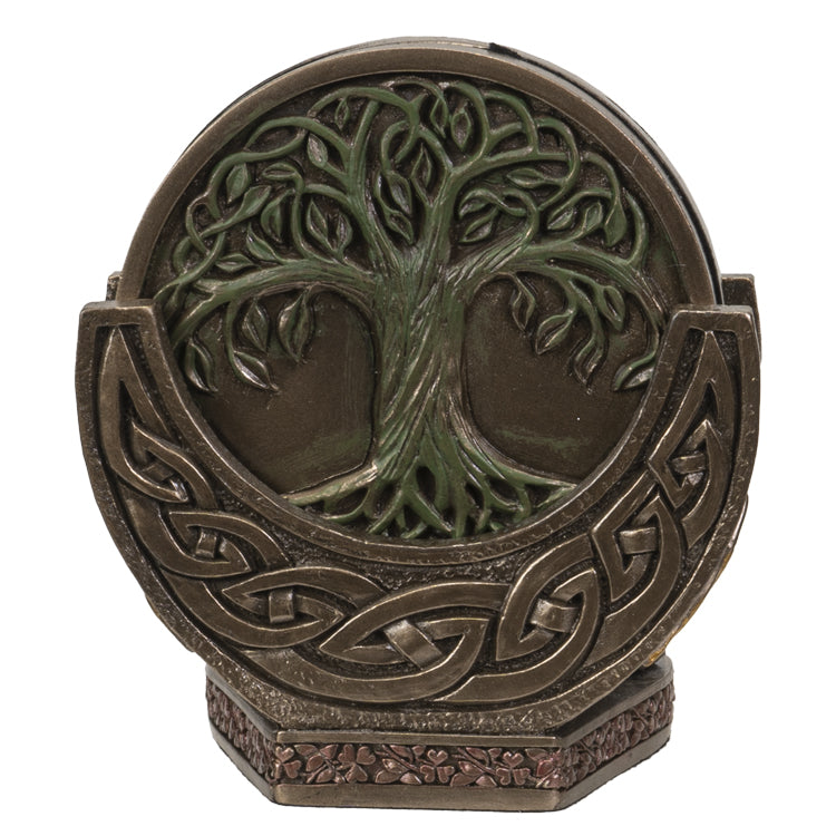 Set of 4 coasters with Tree of Life design and Triple Goddess (maiden, mother, crone) holder in faux bronze