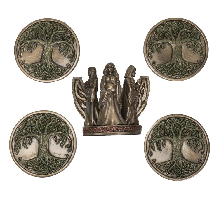 Set of 4 coasters with Tree of Life design and Triple Goddess (maiden, mother, crone) holder in faux bronze