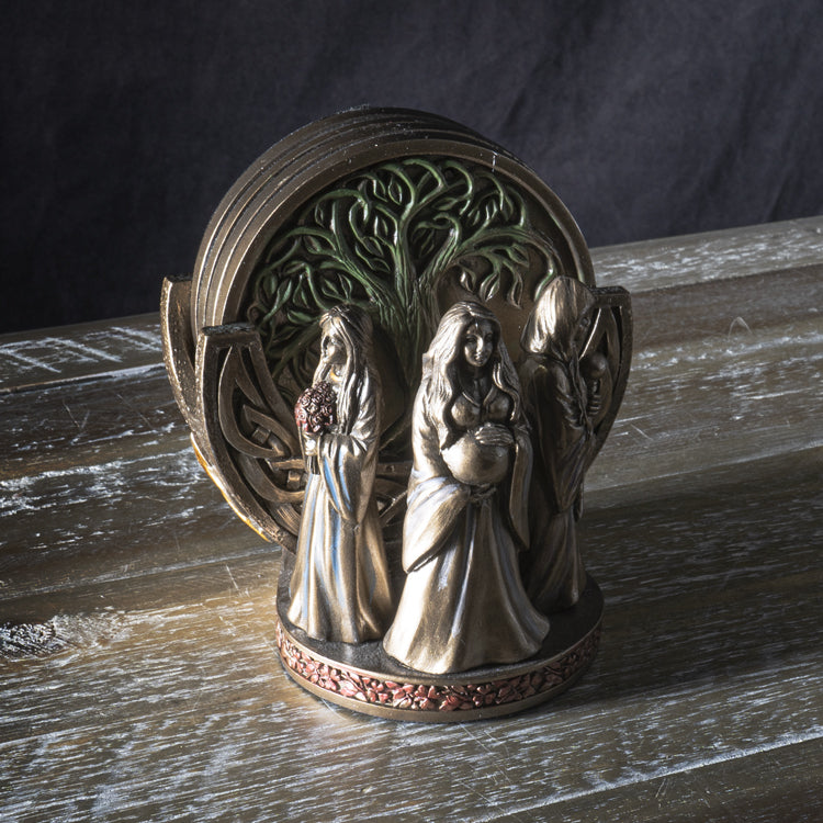 Set of 4 coasters with Tree of Life design and Triple Goddess (maiden, mother, crone) holder in faux bronze