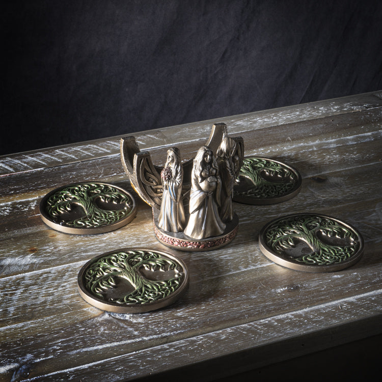 Set of 4 coasters with Tree of Life design and Triple Goddess (maiden, mother, crone) holder in faux bronze