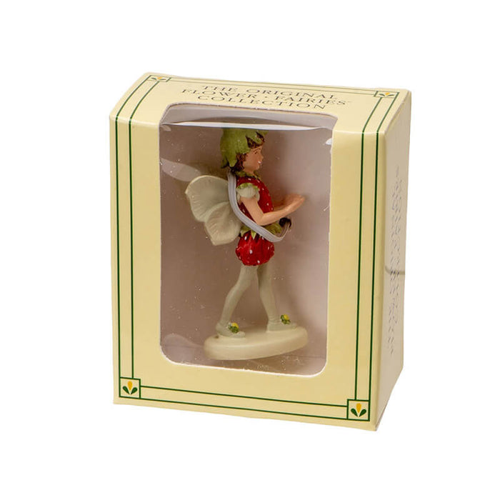 Mini fairy figurine based on Cicely Mary Barker art - fairy wearing a strawberry outfit, shown in box