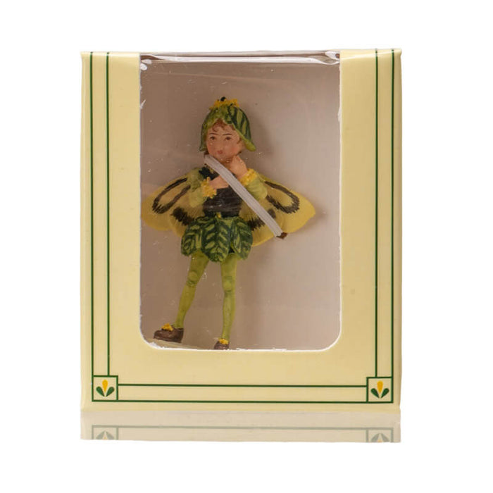 Cicecly Mary Barker Flower Fairy Figurine - boxwood themed in green and yellow. Shown in box