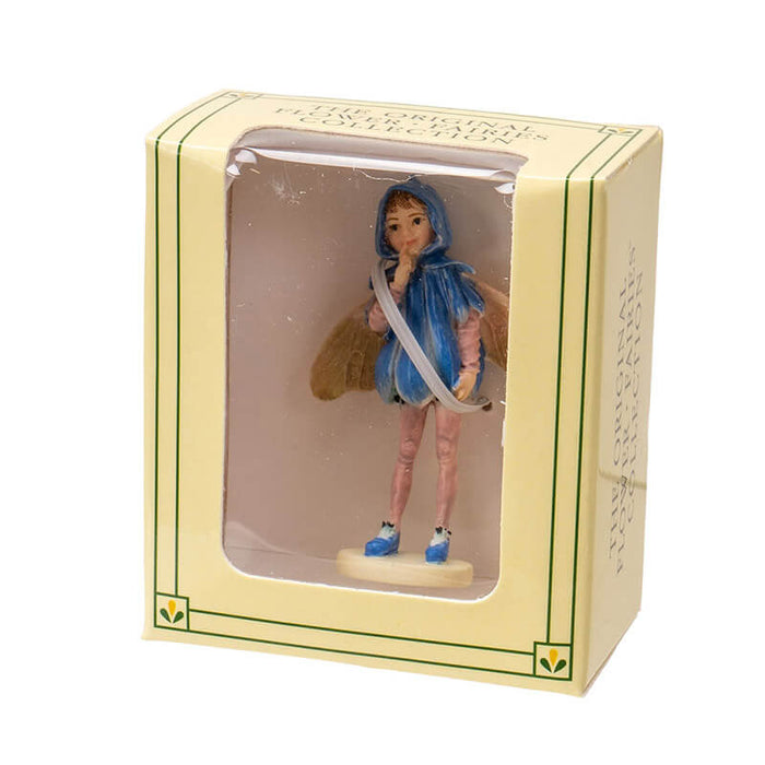 Cicely Mary Barker Flower Fairy Figurine - dressed in blue scilla flower dress with yellow wings. Shown in box