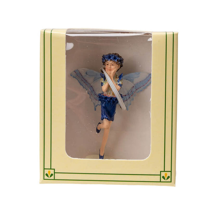 Cicely Mary Barker flower fairy figurine dressed in blue with butterfly wings. Shown in box