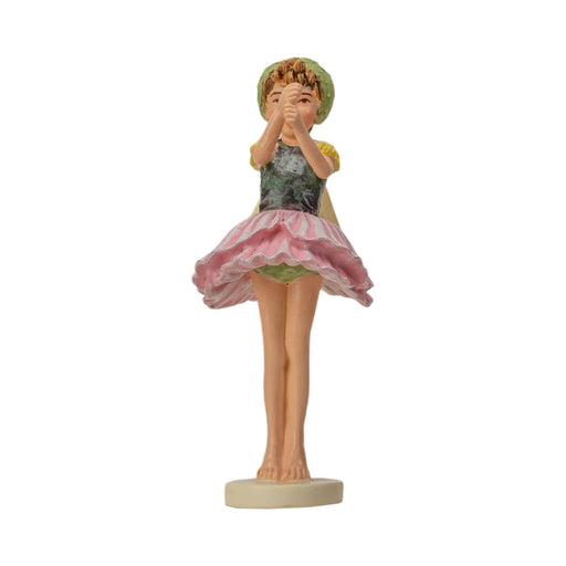 Cicely Mary Barker Flower Fairy Figurine dressed in a poppy blossom of pink and green with pale yellow wings