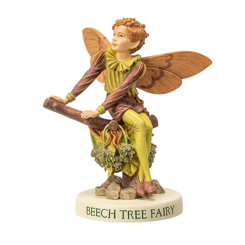 Flower Fairy figurine - Beech Tree Fairy written on base, pixie boy in pale green and brown/tan with short hair sitting on a branch