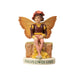 Fairy figurine of a boy with brown and yellow top, tan pants, sitting on a wall with a flower hat. Base says "Wallflower Fairy"