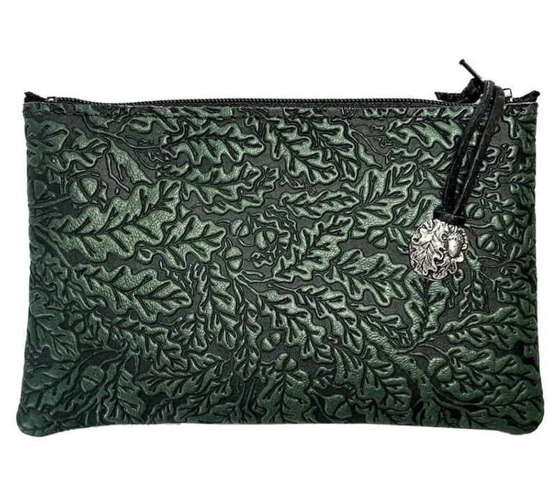 Green oak leaves leather pouch with pewter zipper pull