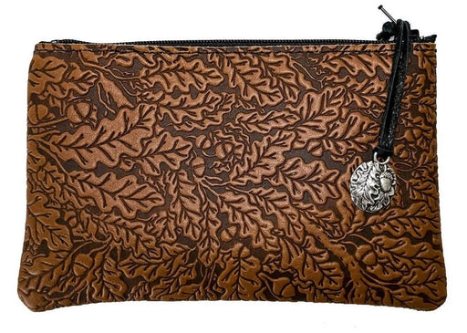 Saddle brown leather oak leaves pouch with pewter charm