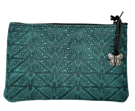 Teal butterfly leather zipper pouch with pewter zipper charm