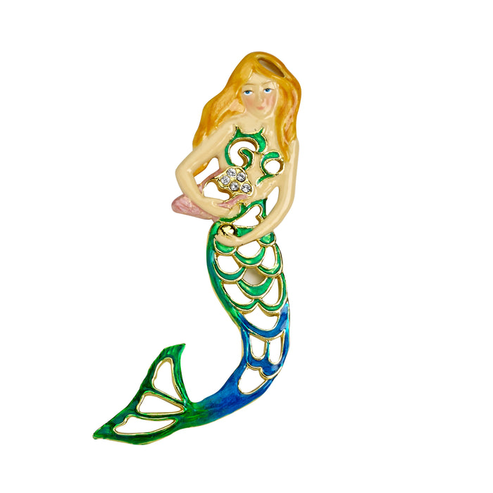 Double sided green and blue mermaid ornament with seashell and crystals