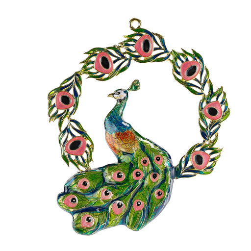 Enamel ornament of a peacock in a wreath of feathers