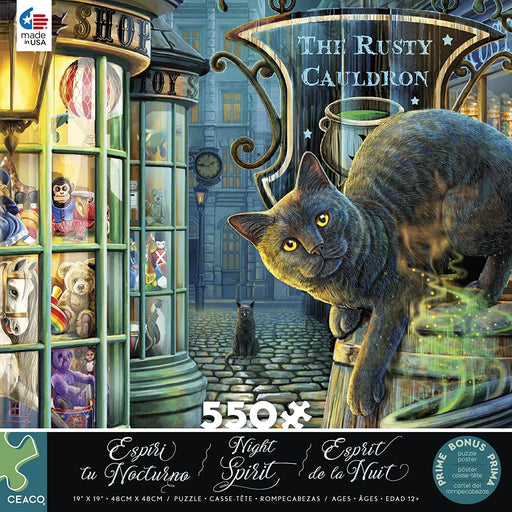 Front of 550 piece jigsaw puzzle box. The artwork of Lisa Parker shows off two black cats in a dark alleyway. One sits on a barrel in front of the sign for The Rusty Cauldron, and across the road is a toy shop full of wonders.