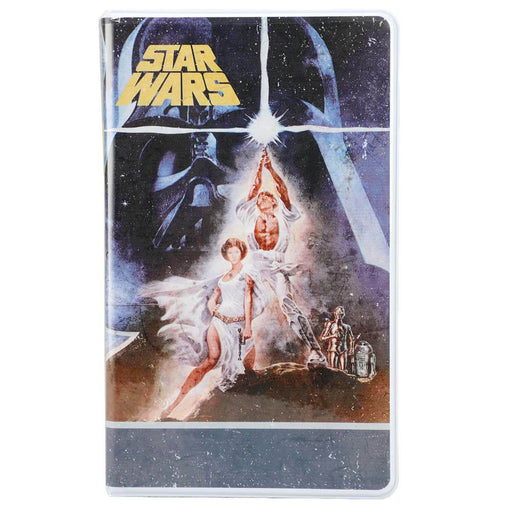 The front of a removeable journal case. Done to mimic an old VHS tape of the original Star Wars movie with the poster art, featuring Luke, Leia, and Darth Vader
