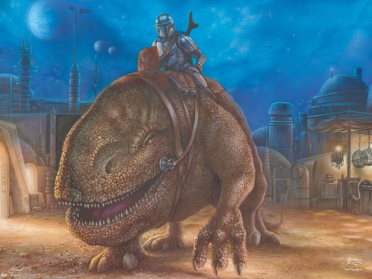 Mando is on the move, riding forth  through the night. Rich with color and detail, Thomas Kinkade brings this Star Wars scene to life!