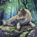 Artwork shows a pixie in a pink dress reading from a glowing book to her grey wolf friend in an enchanted forest