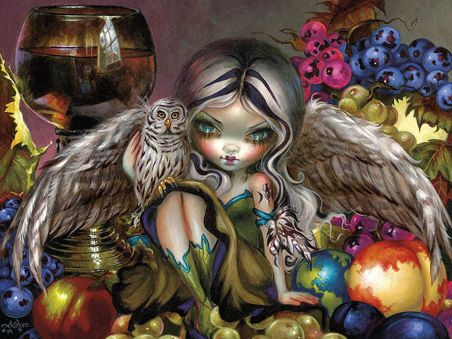 Artwork from the puzzle with angel winged fairy with striped hair, and an owl. Grapes, apples and globes and a glass of wine surround them