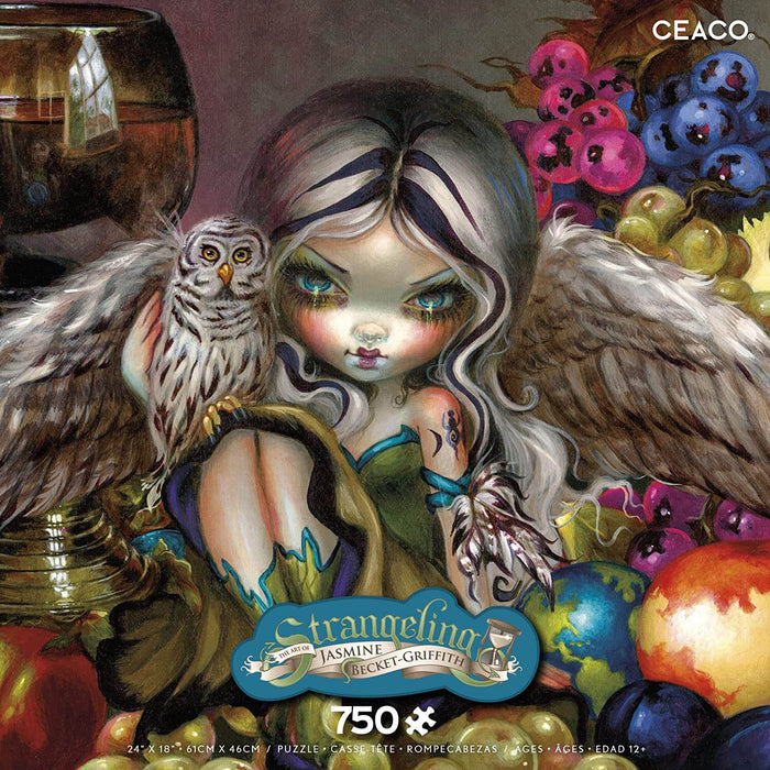 750 piece puzzle from the Strangeling line by Jasmine Becket-Griffith, showing the front of the box with an angel-winged fairy and her owl sitting amidst fruit and wine.