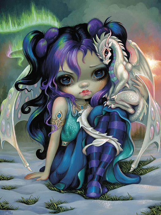 Artwork depicts fairy with opal bat wings sitting under the northern lights with her dragonling companion. The pixie has colorful clothes and striped stockings, and the dragon is pearly with with green and violet accents.