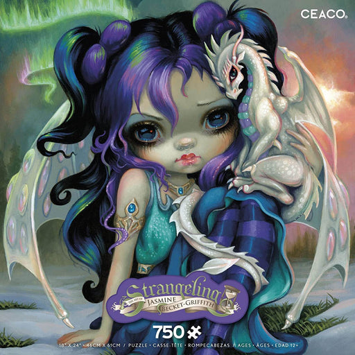 750 Piece puzzle by Ceaco from the Strangeling collection by Jasmine Becket-Griffith. box art features fairy with dyed hair and colorful clothes and bat wings studded with opals. She sits with a small dragon companion