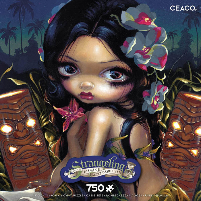 Strangeling 750 piece puzzle box by artist Jasmine Becket-Griffith featuring a girl with flowers in her hair and tiki heads with glowing eyes