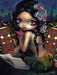 Puzzle artwork showing a girl with black hair and big eyes. Flowers in her haid nad a grass skirt, and she reads out of a book. In the background are palm trees against a night sky and tiki heads with glowing eyes