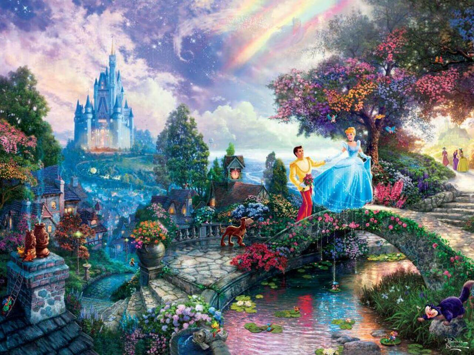  Thomas Kinkade's whimsical artwork depicts Cinderella and Prince Charming walking through a beautiful floral wonderland. 