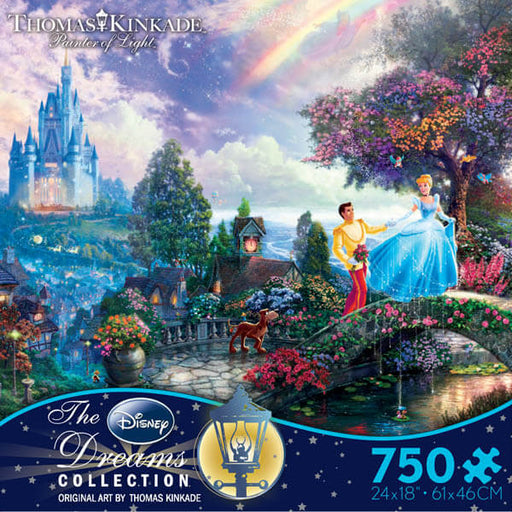  Thomas Kinkade's whimsical artwork depicts Cinderella and Prince Charming walking through a beautiful floral wonderland. Rich with colors and detail, 750 pieces