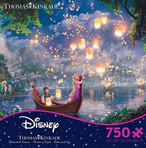 Tangled Jigsaw Puzzle with Thomas Kinkade's artwork, 750 pieces. The characters ride in a boat under a sky full of lanterns